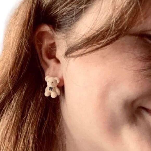 Cute Tan Teddy Bear Flocked Fuzzy Black Bow  Post Earrings - Picture 4 of 4